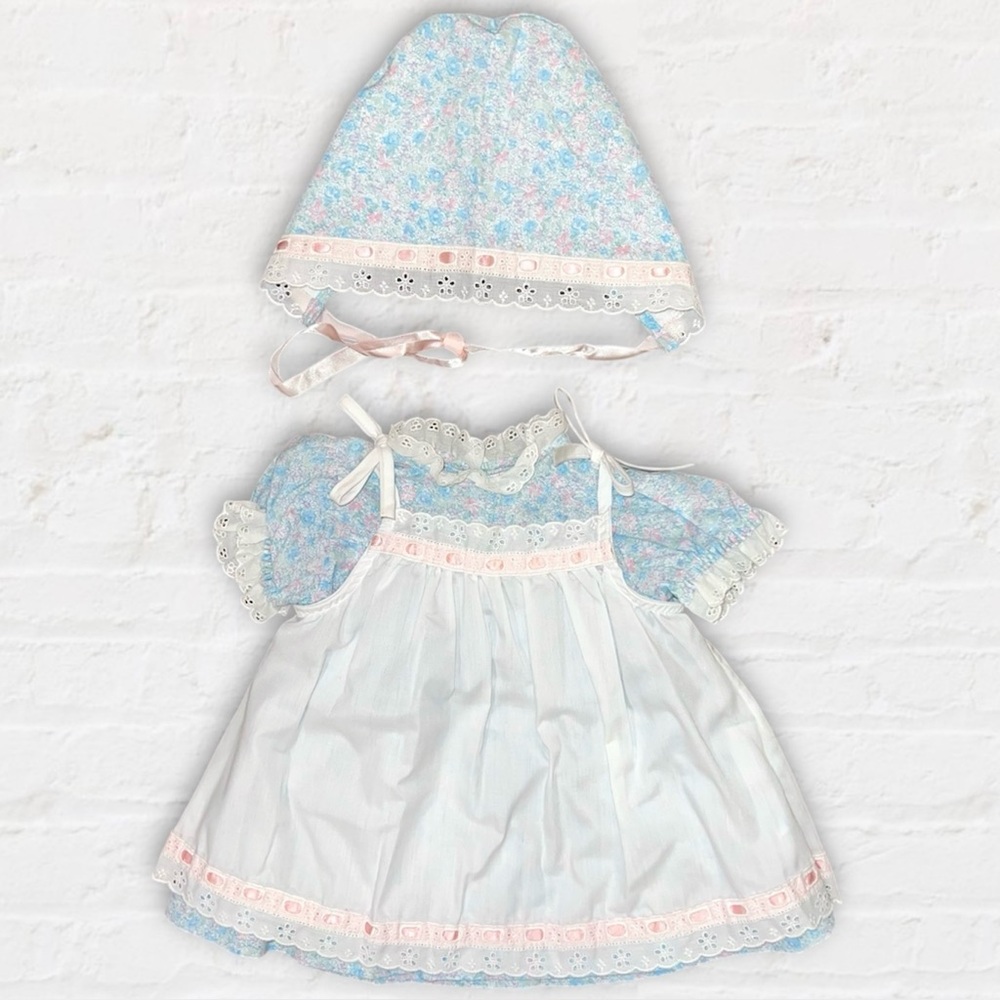 Vintage 80’s Pastel Floral Dress and Bonnet Set